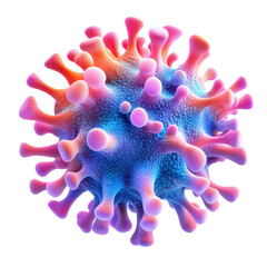 Detailed 3D rendering of a coronavirus particle with vibrant blue pink and orange hues against a showcasing its structure at a microscopic level on transparent background