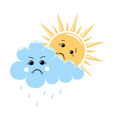 A cartoon illustration depicting a sad cloud crying rain and a worried sun peeking out from behind.