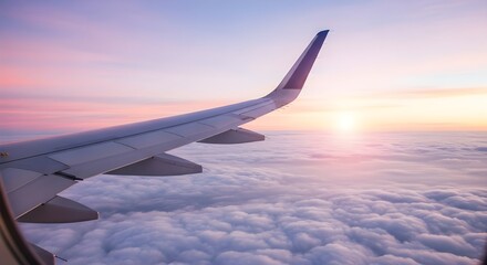 Fototapeta premium Stunning view from airplane window with wing over clouds at sunrise, serene travel.