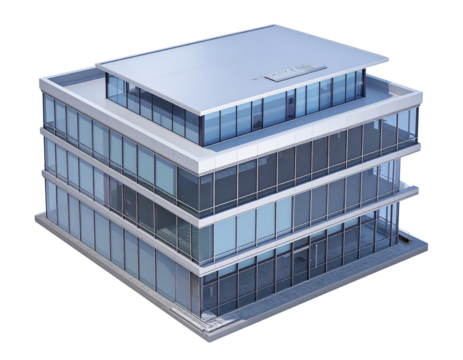 Multi-story office building featuring expansive glass windows and flat roof, viewed i
