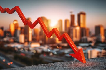 A red downward trend graph against a cityscape at sunset