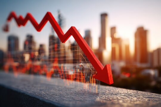 Red downward trending graph over cityscape at sunset