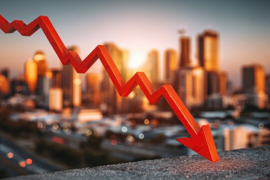 A red downward trend graph against a cityscape at sunset - Powered by Adobe