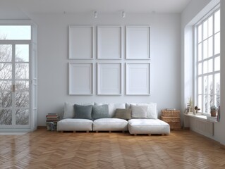 A white living room with a couch and a few books