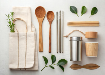 Zero waste kitchen utensils flat lay with bamboo cutlery, glass jars, and eco-friendly tools on neutral background,