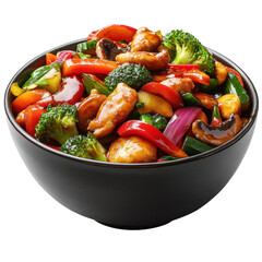Delicious chicken stirfry with colorful vegetables served in a black bowl a healthy and flavorful meal perfect for lunch or dinner option on transparent background