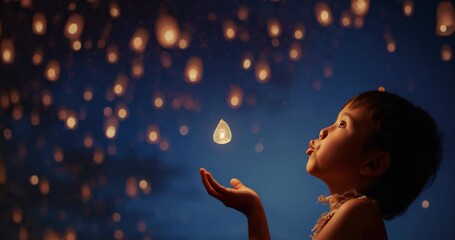 Pursing lips, Asian child blowing sky lantern upward joining cluster outdoors at night, copy space - Powered by Adobe