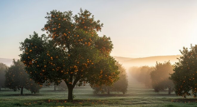Sunrise over lush orange grove with dew-kissed fruit-laden trees - Powered by Adobe