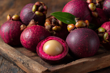 Obraz premium Whole mangosteen fruit, dark purple in color, thick textured skin