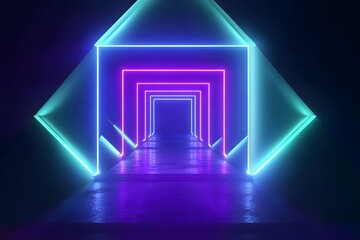 3D render, abstract neon background with glowing square shapes in blue, purple, and green colors, illuminated geometric figure on a dark backdrop,