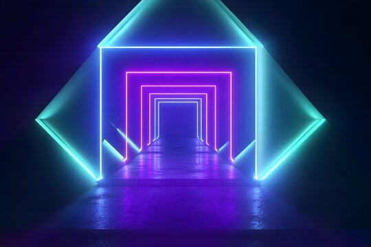 3D render, abstract neon background with glowing square shapes in blue, purple, and green colors, illuminated geometric figure on a dark backdrop,