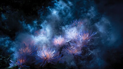 A surreal night sky where fireworks bloom like flowers, dreamlike fantasy, 