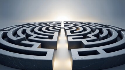 Minimalist stone labyrinth turning into illuminated straight path illustration