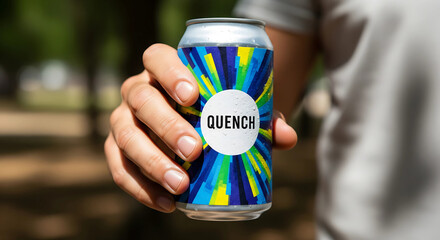 Bold Beverage Can in Hand &ndash; Vibrant Outdoor Refreshment Branding