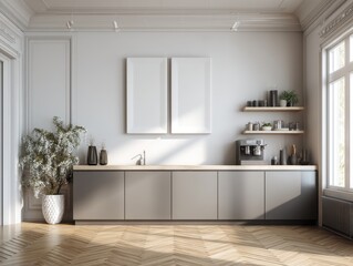 A kitchen with a white wall and a white counter