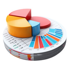 Colorful 3d pie chart and bar graph on a stack of paper representing financial data analysis and business performance on transparent background
