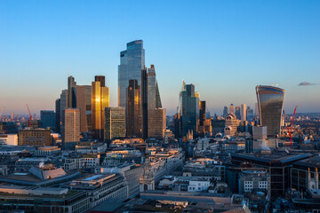 Elevated view of the Skyline of The London Financial District (The City of London.) at Sunset.