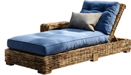 Chaise lounge with blue cushions, perfect for summerbeach vacations, isolated n a transparent background
