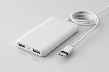 Fototapeta premium Portable power bank charger with short cable, modern style, white background