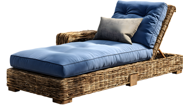 Chaise lounge with blue cushions, perfect for summerbeach vacations, isolated n a transparent background