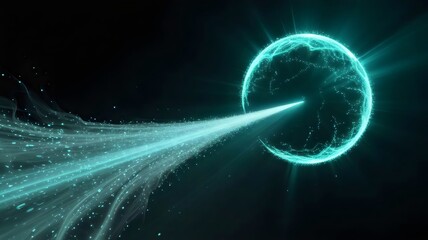 Vibrant sphere of light forming a cyan laser beam in dark void