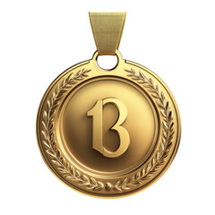 Golden medal with the number thirteen and laurel wreath a symbol of achievement and victory hanging from a golden ribbon against a on transparent background