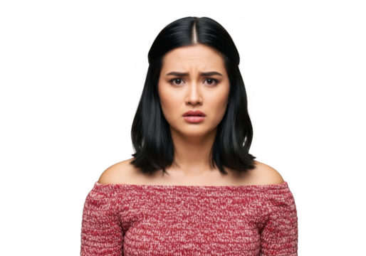 Young woman with dark hair showing shocked expression wearing off-the-shoulder pink top transparent background