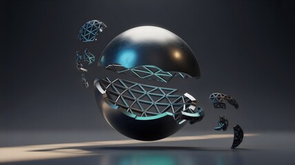 Metallic orb fracturing into glowing lattice with fragments