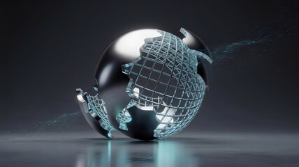 Polished silver orb breaking into cyan lattice structures