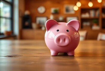 A pink piggy bank sits on a wooden table against a soft-focus background, piggy bank, savings