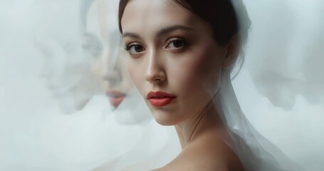 Asian model rotating her head from right profile toward camera in studio, with ghosted silhouettes - Powered by Adobe