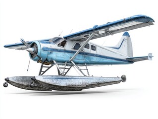 A vintage, seaplane, with weathered, light-blue and white coloring, is featured in a  shot against a plain white background.