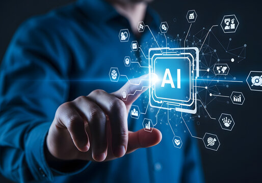 Businessman touching a glowing ai chip with digital network and icons representing technology and data