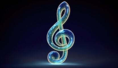 Fototapeta premium A vibrant, three-dimensional musical treble clef, composed of glowing, interconnected polygons, showcasing a captivating blend of blue and yellow hues against a dark backdrop.