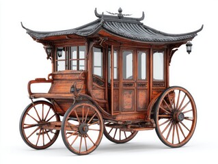 Fototapeta premium Ornate, wooden carriage with a traditional Chinese pagoda-style roof stands out against a plain backdrop.