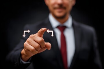 A man in a suit is pointing to the left and right with his finger