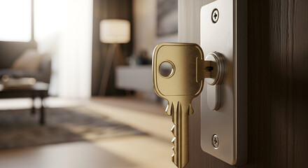 A Gold Key unlocking a wooden door to a modern living room space featuring warm lighting and