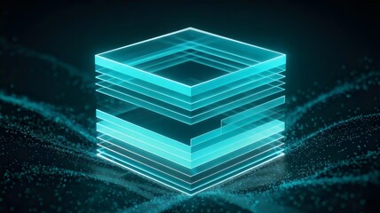 Abstract illustration of holographic square with cascading cyan light layers – Ideal for futuristic backgrounds, technology, or digital art