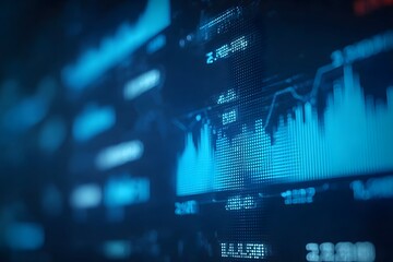 A close-up of an interactive screen displaying real-time stock market data, with numbers and graphs in blue tones. 