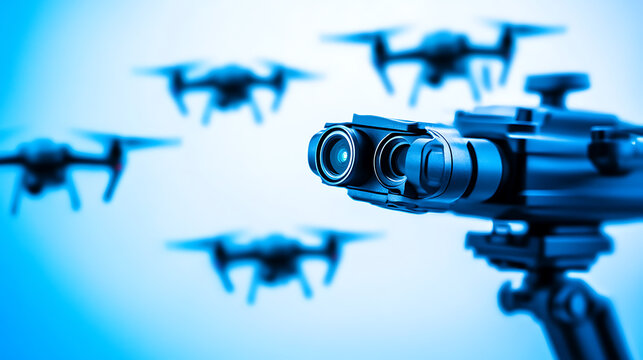 Drone Fleet Monitored by Camera Lens - Powered by Adobe