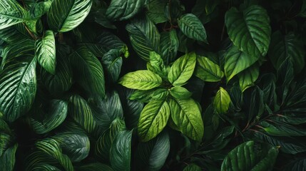 Botanical backdrop with lush green leaves and tropical plants, natural editorial style
