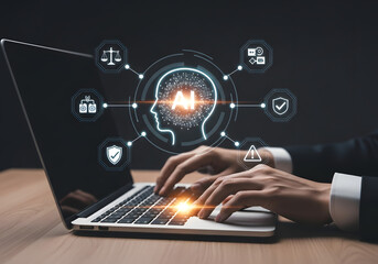 Artificial intelligence and technology concept with a human head icon connected to various digital symbols on a laptop screen