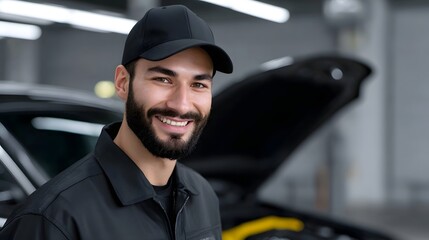 A smiling, bearded man in a black uniform and cap working on repairing or servicing a car in a well-equipped automotive garage or workshop.