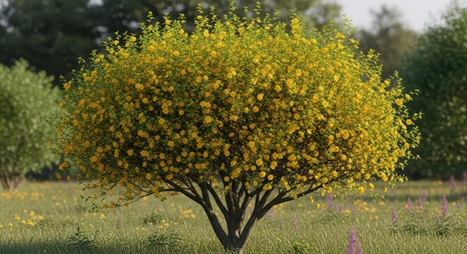 Vibrant yellow kerria japonica in bloom amidst lush green meadow