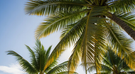 Palm trees reaching for the clear blue sky, offering a serene tropical vibe and summer vacation