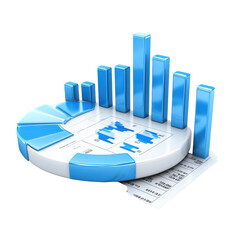 3d rendering of a pie chart and bar graph showing business data and financial analysis on a white surface with a for presentations on transparent background