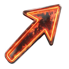Fiery arrow pointing upwards and to the right glowing with orange and red light against a indicating direction and movement forward on transparent background