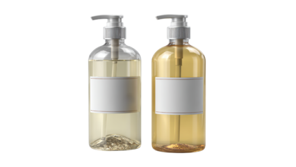 Two pump bottles with transparent and amber liquid featuring blank labels for customizable display on a transparent background