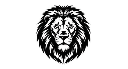 Fototapeta premium Majestic lion head with a full mane, depicted in a striking black and white illustration, isolated on transparent background