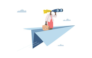 Obraz premium Businesswoman riding a paper rocket flying in the sky with telescope, symbol of vision, dreams, and business growth.
